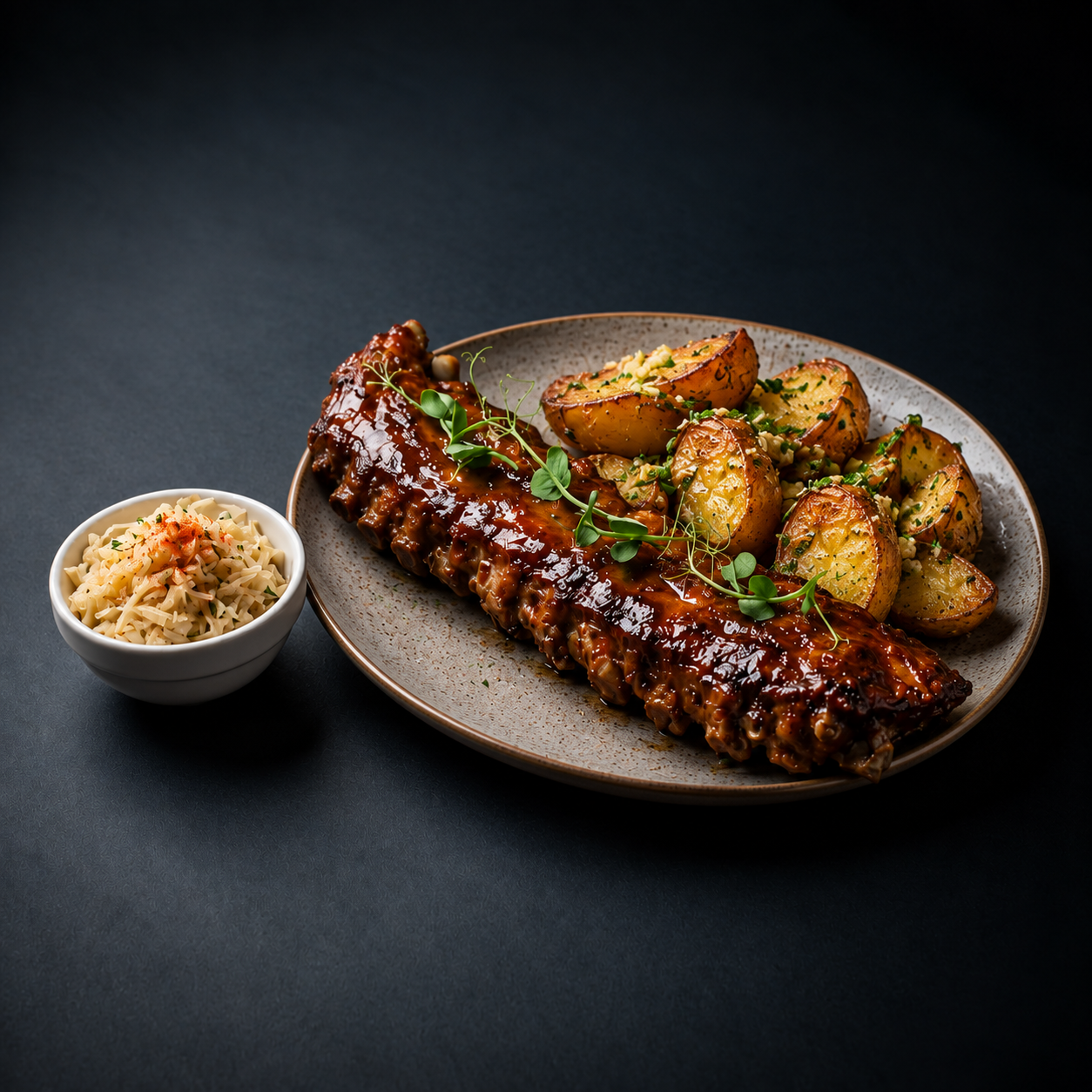 Coasta barbeque cu cartofi cu usturoi si salata de varză murată