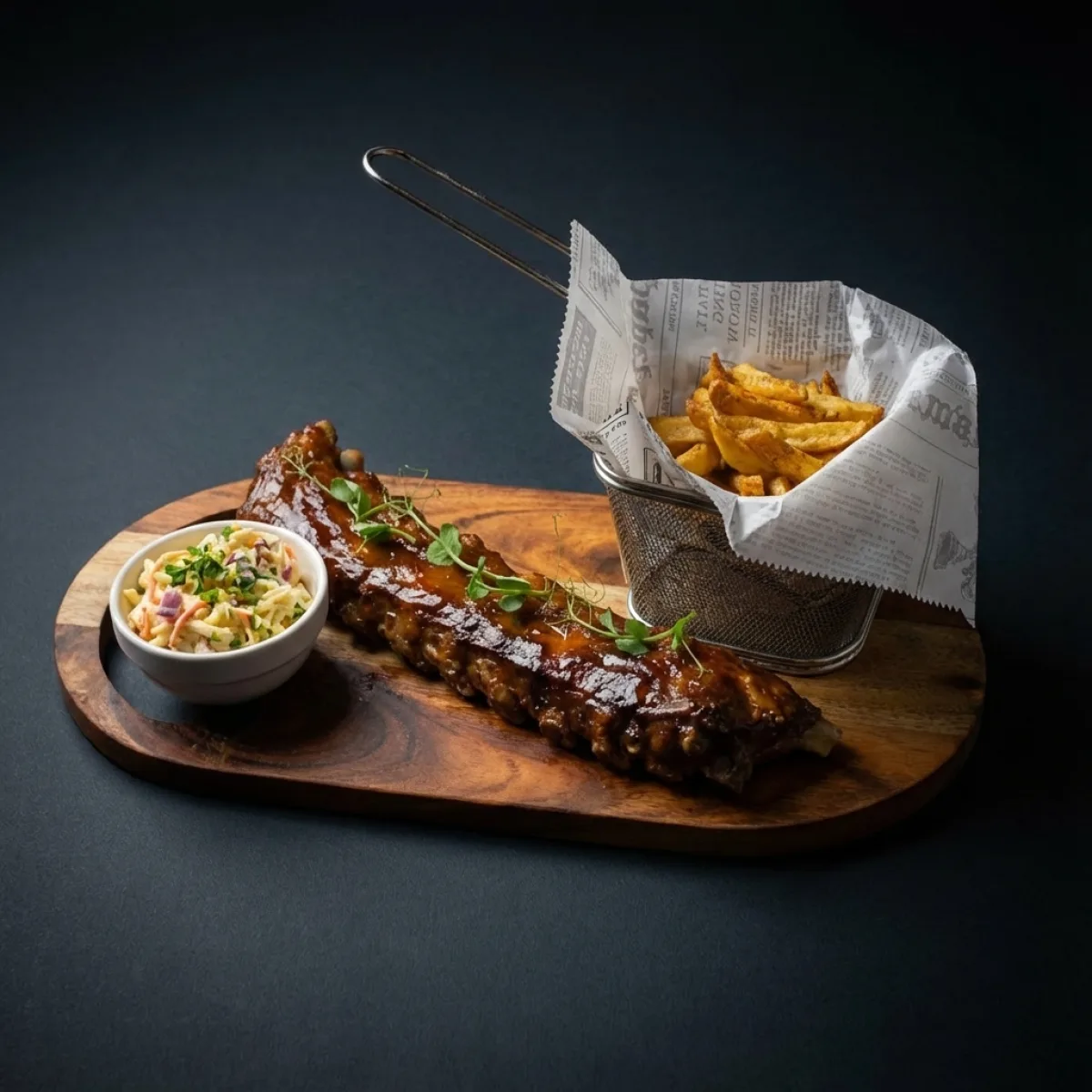 Coasta bbq cu cartofi prajiti si salata Coleslaw